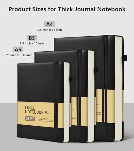 Lined Journal Notebook with 365 Pages, Hardcover Leather Journal for Women Men, A4 Large College Ruled Journaling Notebooks for Writing, Thick Journals for Work School Note Taking 8.5'' X 11'', Black