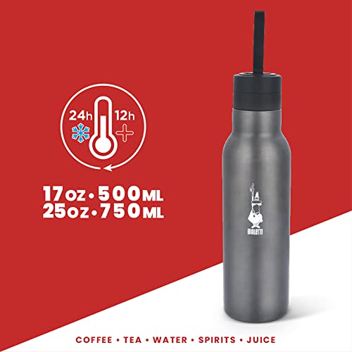 Bialetti - Stainless-steel Water Bottle 17oz: Double-Layered Vacuum Insulated, Keeps Drink Cold for 24 Hours and Hot for 12 Hours, Dark Grey