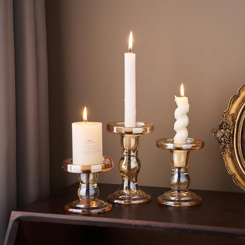 Glass Candlestick Holders for Pillar Candles Set of 3 Amber Taper Candle Holders for Table Centerpiece Candle Stands Decorative Candle Stick Holders for Wedding Party Dinner Holiday Decor Gifts