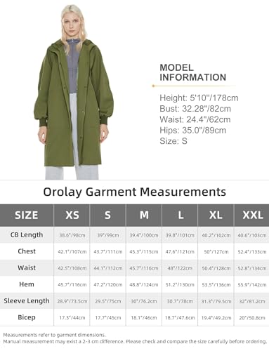 Orolay Women's Casual Hooded Raincoat Spring Light Jacket Zip Up Long Overcoat Warm Windbreaker with Belt Armygreen Small