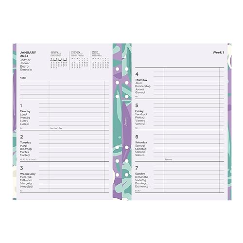 Filofax Calendar Diary Refill, A5 Size, Week-to-View, Illustrated Floral Diary Pack with Four-Color Print Design, Multilingual: Five Languages, 2024 (C6351-24)