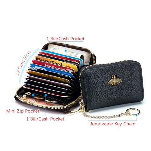 imeetu RFID Credit Card Holder, Small Leather Zipper Card Case Wallet with Keychain and ID Window for Women (Pro,Taupe Grey)