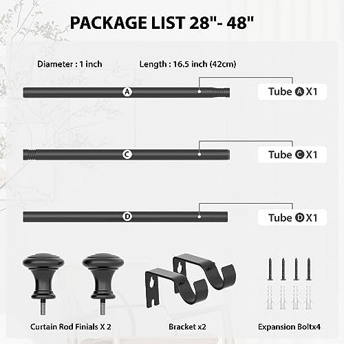 Box Space Curtain Rods for Windows 28 to 48 Inch, 3/4 Inch Diameter Black Curtain Rod with Decorative Finials, Adjustable Length Small Window Curtain Rod Heavy Duty Drapery Rod, Black