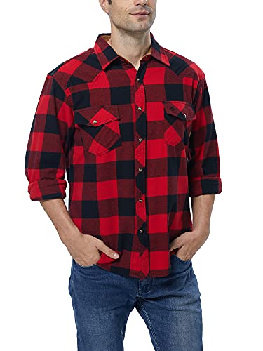 COEVALS CLUB Mens Flannel Corduroy Lined Snap Button Up Cotton Regular Fit Long Sleeve Plaid Shirts (Khaki, Blue, Crimson/M 7#)