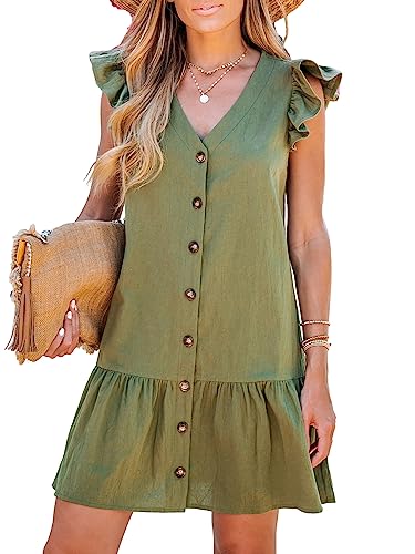 CUPSHE Women's Button-Front Flounce Dress V Neck Button Front Dresses Casual Summer, X-Small Olive Green