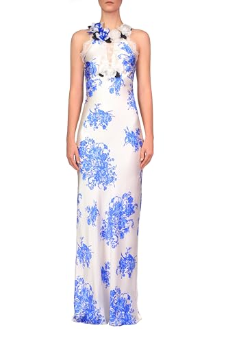 Rodarte, Blue And White Floral Printed Silk Bias Gown With Lace Details, 2, White/Blue