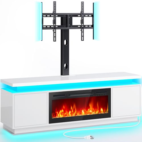 Rolanstar Fireplace TV Stand with Led Lights and Power Outlets, TV Stand Mount with 30" Electric Fireplace, White Entertainment Center for 45/50/55/60/65/70 inch TVs, Modern TV Console for Living Room