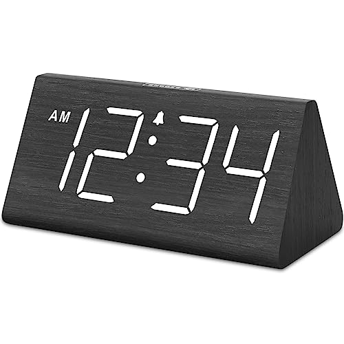 DreamSky Wooden Digital Alarm Clocks for Bedrooms - Electric Desk Clock with Large Numbers, USB Port, Battery Backup Alarm, Adjustable Volume, Dimmer, Snooze, DST, 12/24H, Wood Décor (Black)