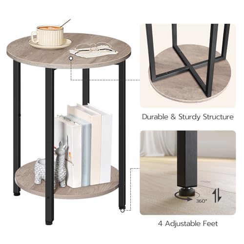 HOOBRO Round Side Table, Sofa Couch Table with Storage Shelf, 2-Tier Industrial End Table, Stable Metal Frame, Wooden Look Accent Table for Small Spaces, Living Room, Bedroom, Rustic Brown BF58BZ01G1