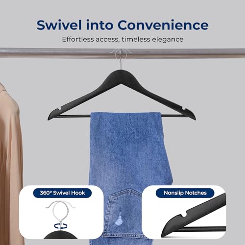 SereneLife Wooden Hangers 10 Pack, Non-Slip, Sturdy, Heavy Duty Suit Hanger Set with 360° Chrome Swivel Hook, Space-Saving Wood Hangers Closet Organizer for Clothes, Coat, Pants, Dress (Black)