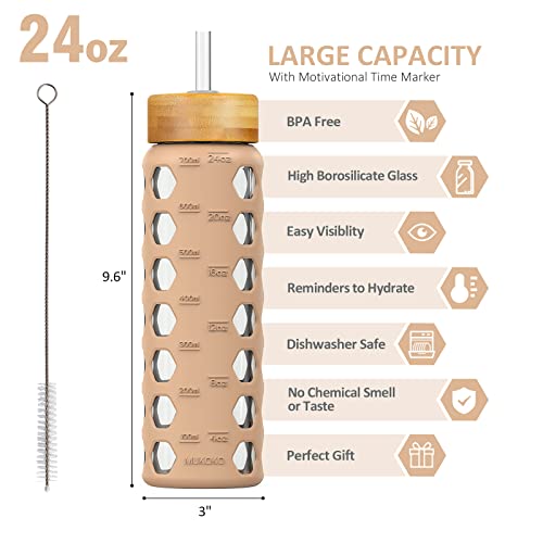 MUKOKO 24oz Glass Water Bottle with 2 Lids-Handle Flip Lid&Bamboo Straw Lid,Motivational Water Tumbler with Time Marker Reminder and Silicone Sleeve, Leakproof-Amber