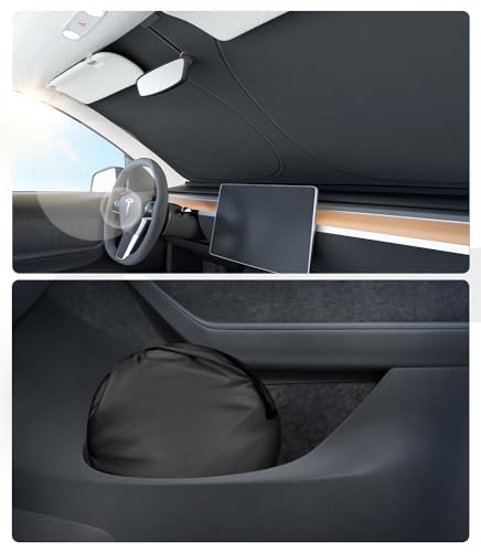 Wigoo 2024 Upgraded Accessories Tesla Model 3 Windshield Sunshade [OEM Design, 100% Sun Blockage] Foldable Heat Insulation Sun Shade with Storage Bag, for Tesla Model 3 2016~2024, Silver Coating