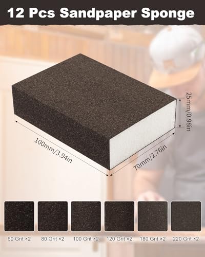 Rocaris 12 Pack Sanding Blocks, Washable and Reusable Sanding Sponge Fine Coarse for Wood and Drywall 60, 80, 100, 120, 180, 220 Grit