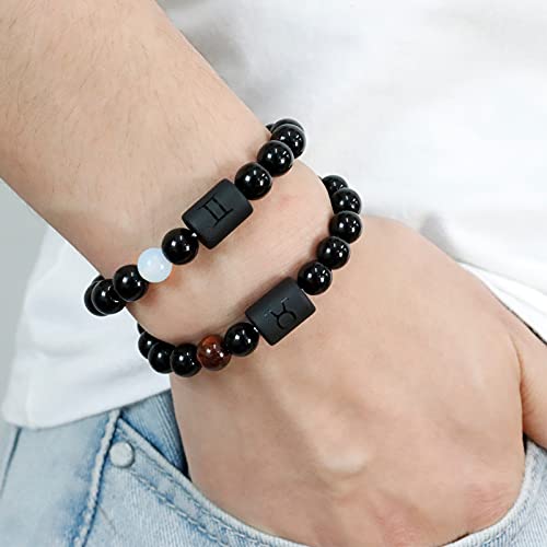 Frodete 2Pcs Zodiac Bracelet for Men Women,8mm Natural Black Onyx Stone Star Sign Constellation Horoscope Bracelet Gifts Capricorn