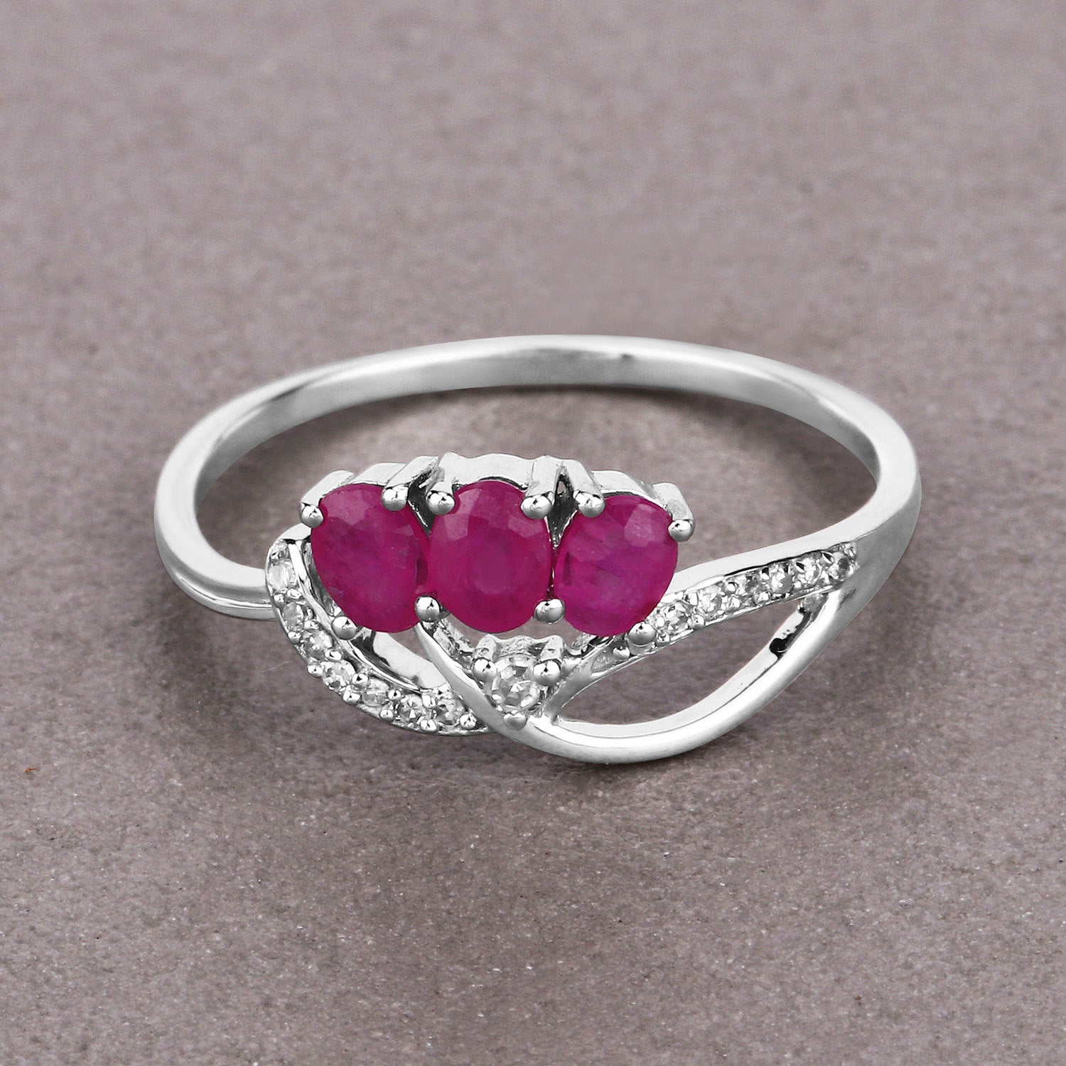 0.71 Carat Genuine Ruby and White Diamond 14K White Gold Ring