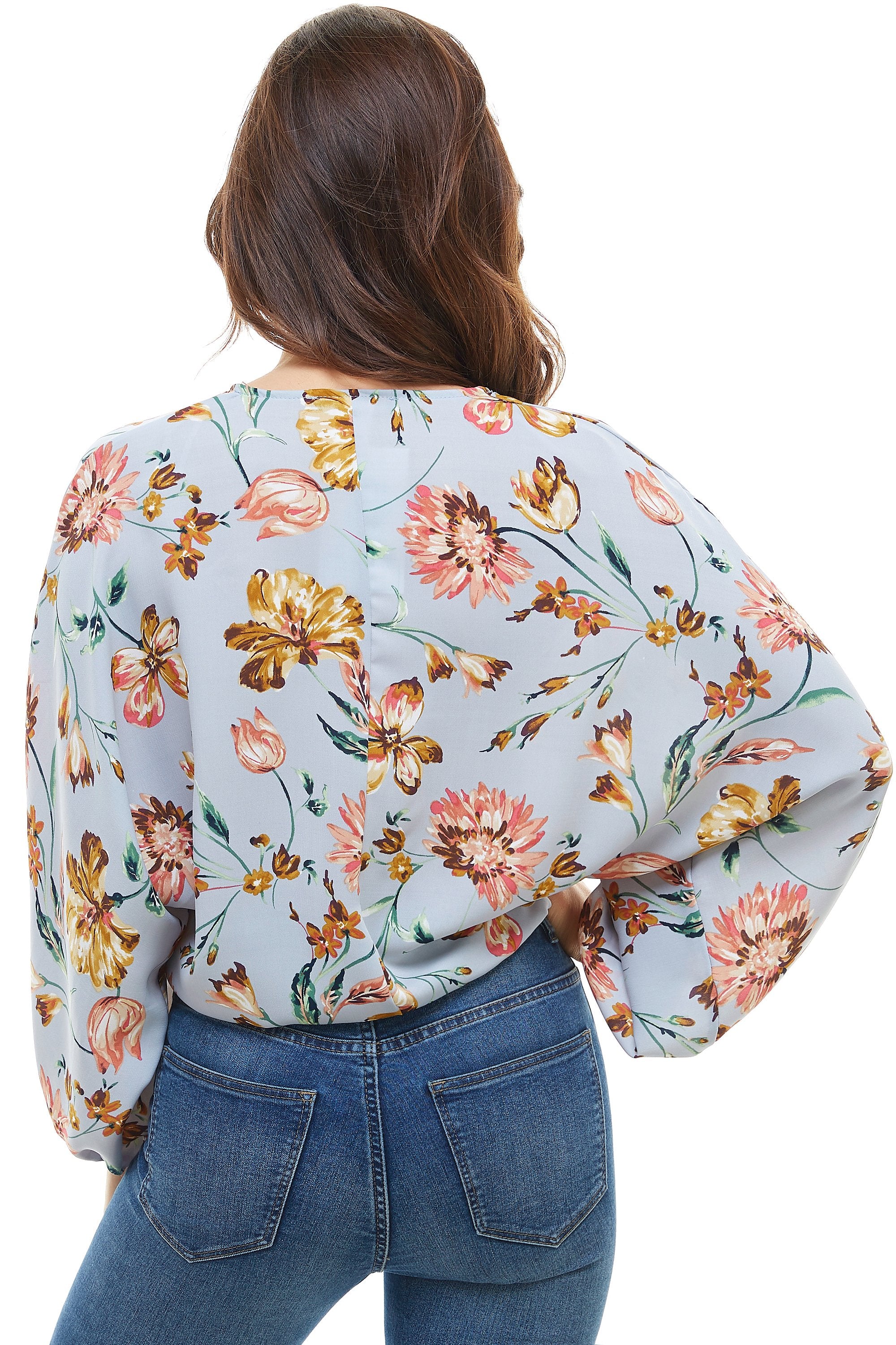 Floral Wide Sleeve Surplice Blouse