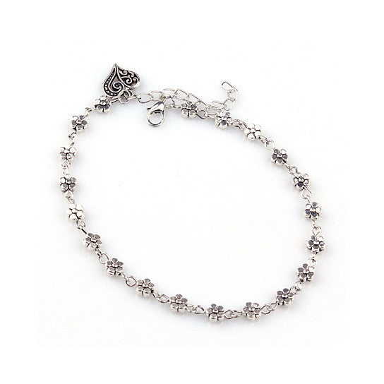 Lea Anklet With Vintage Style Heart and Flowers