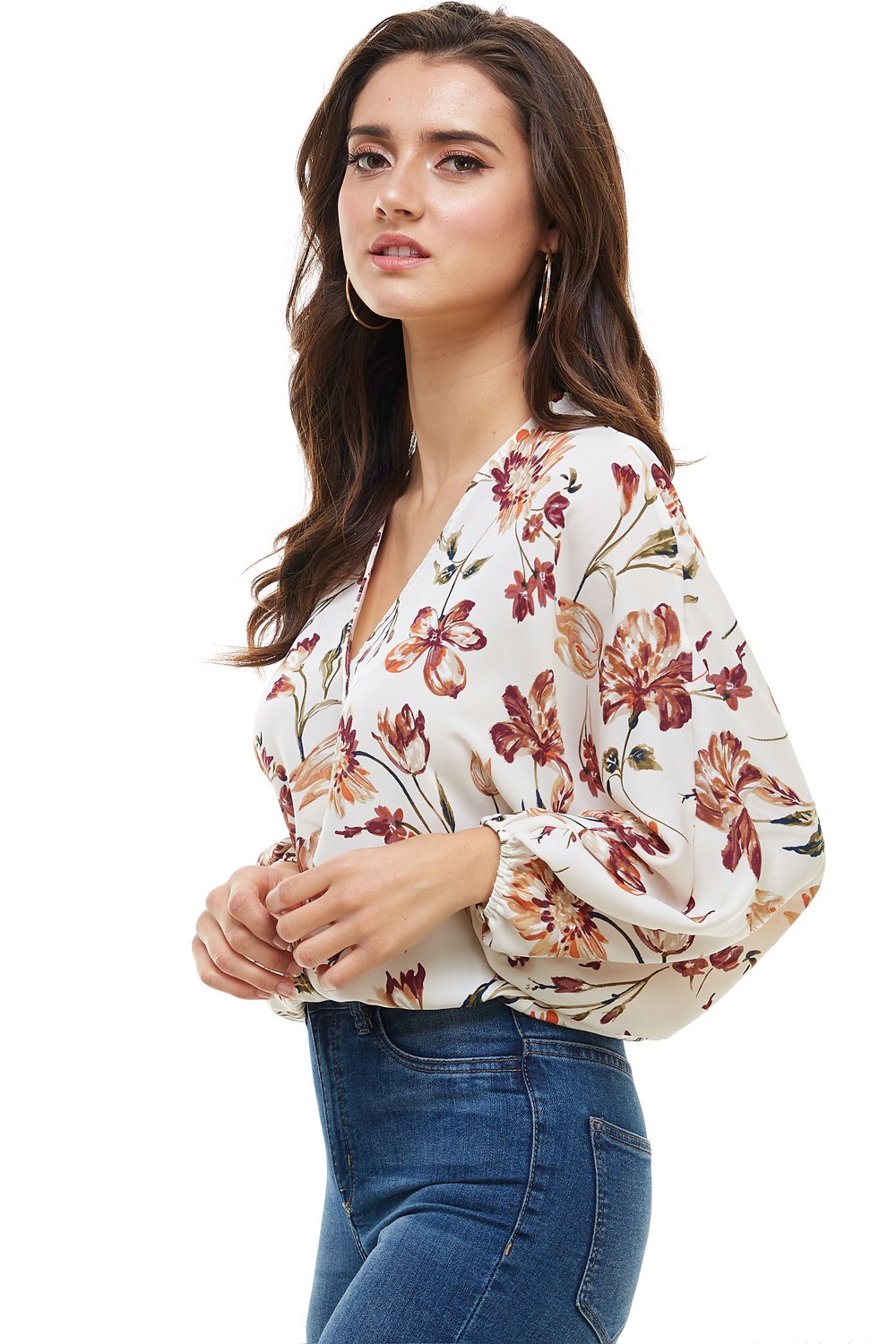 Floral Wide Sleeve Surplice Blouse