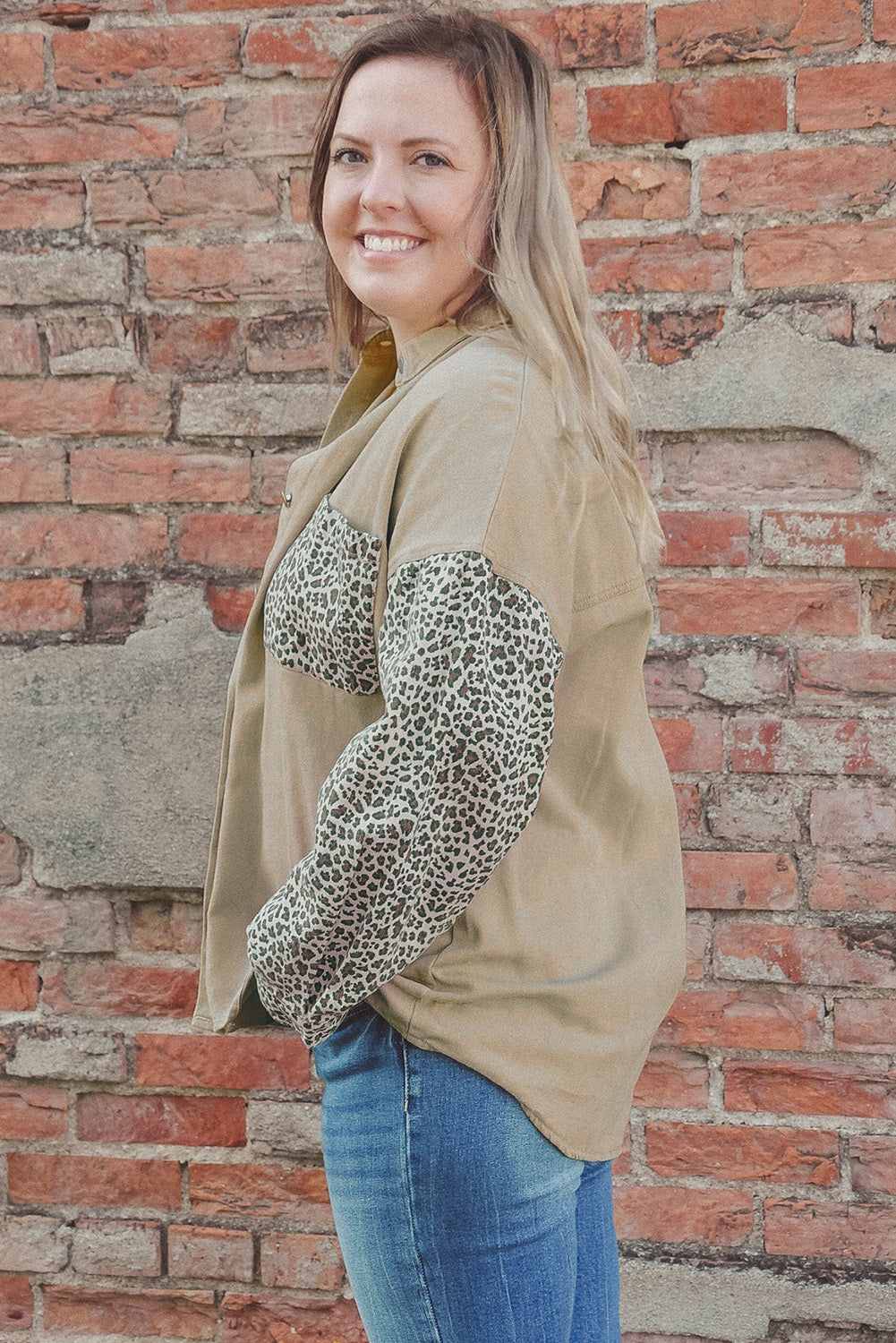 Khaki Plus Size Leopard Patchwork Shacket