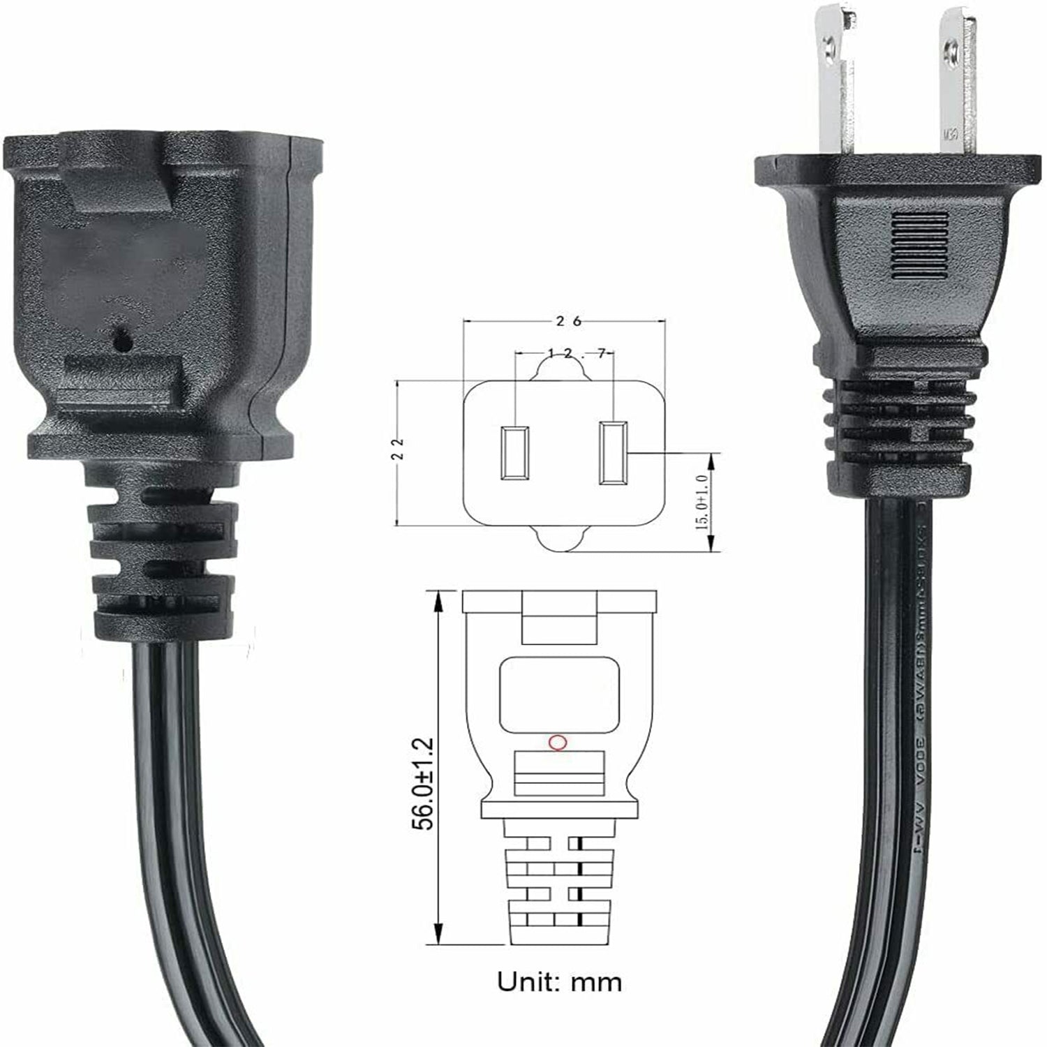 2-Prong Male-Female Extension Power Cord Cable, Outlet Extension Cable