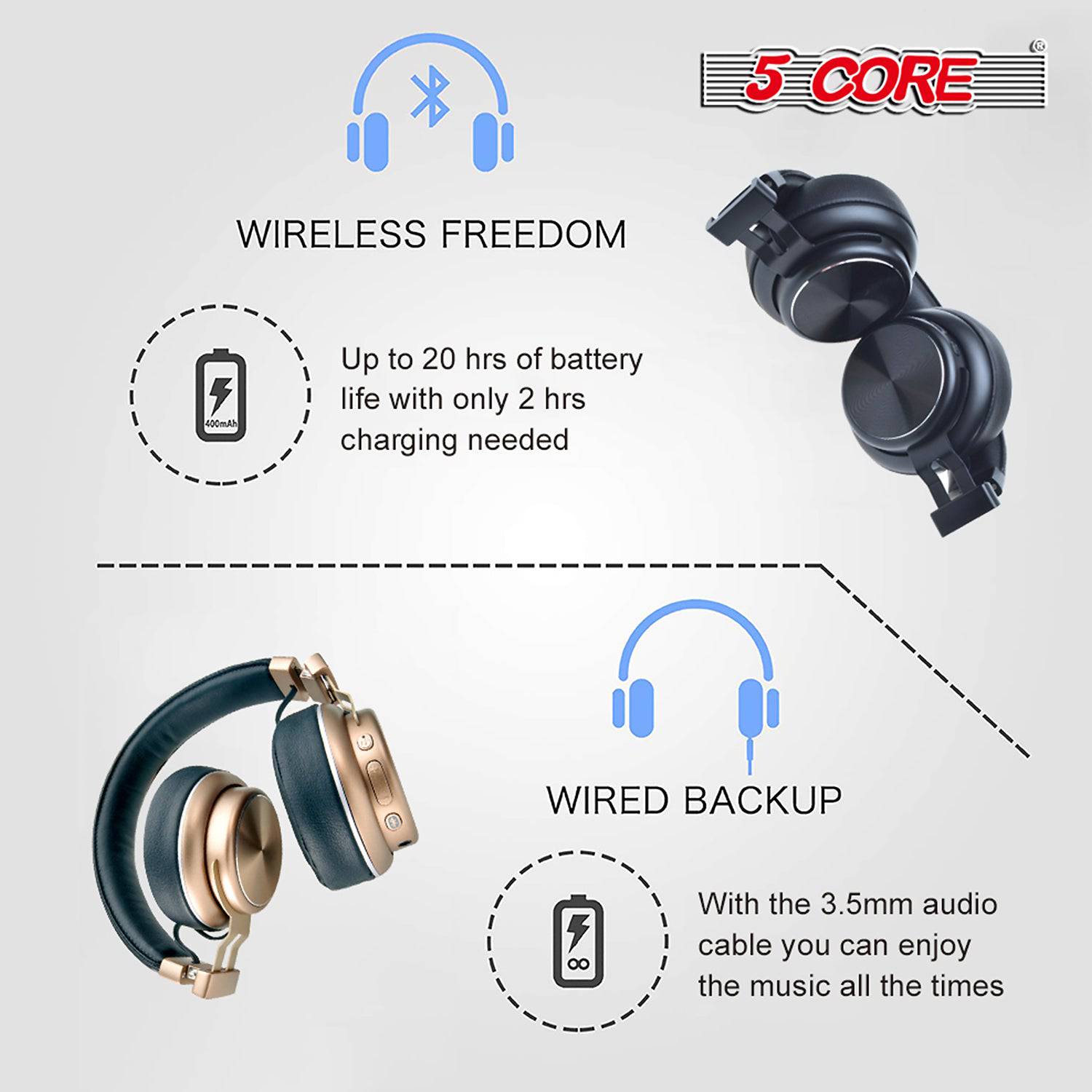 5Core Premium Headphone inbuilt Mic Over Ear Wireless Headset