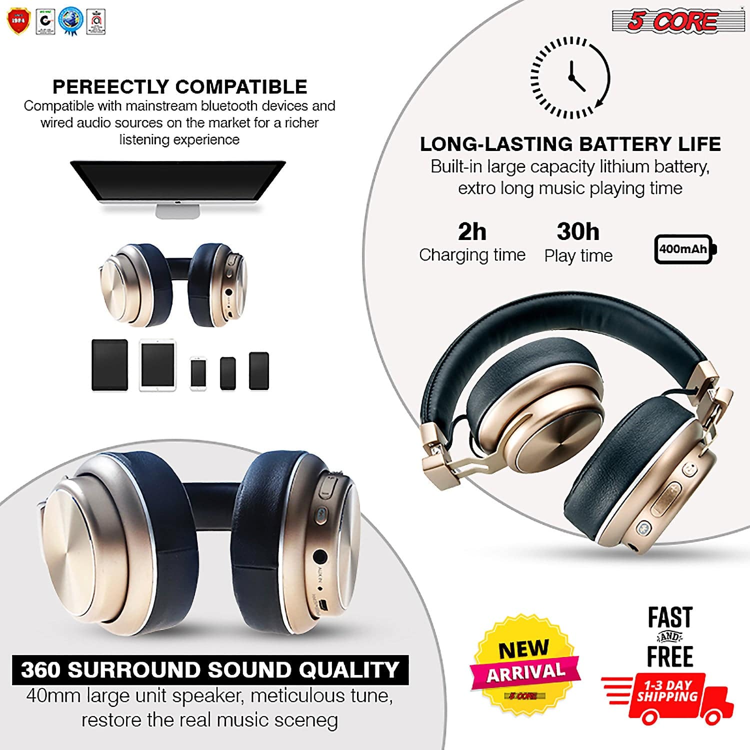 5Core Premium Headphone inbuilt Mic Over Ear Wireless Headset