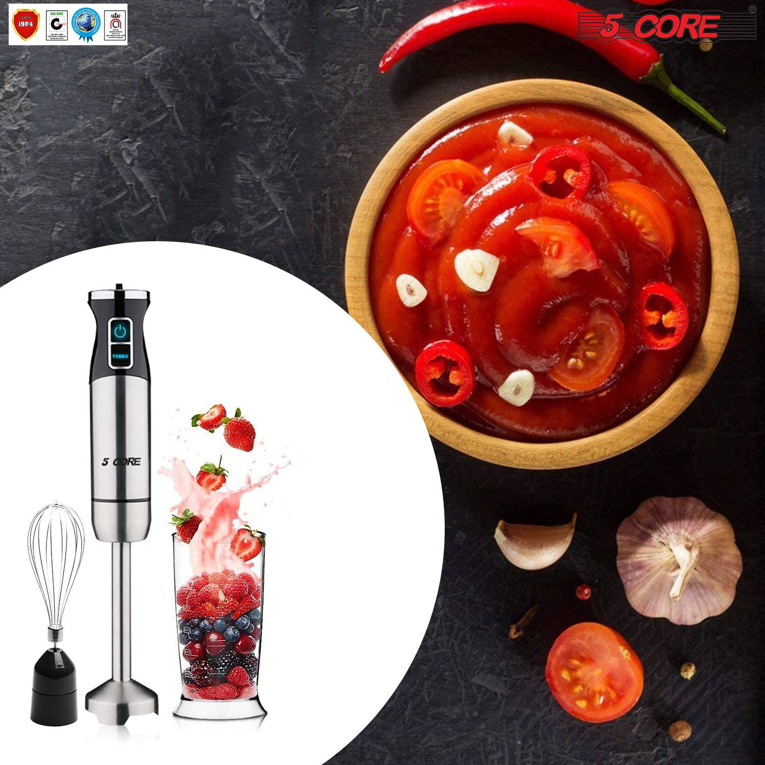 5 Core Immersion Hand Blender 5-In-1 500W Handheld 8 Variable Powerful