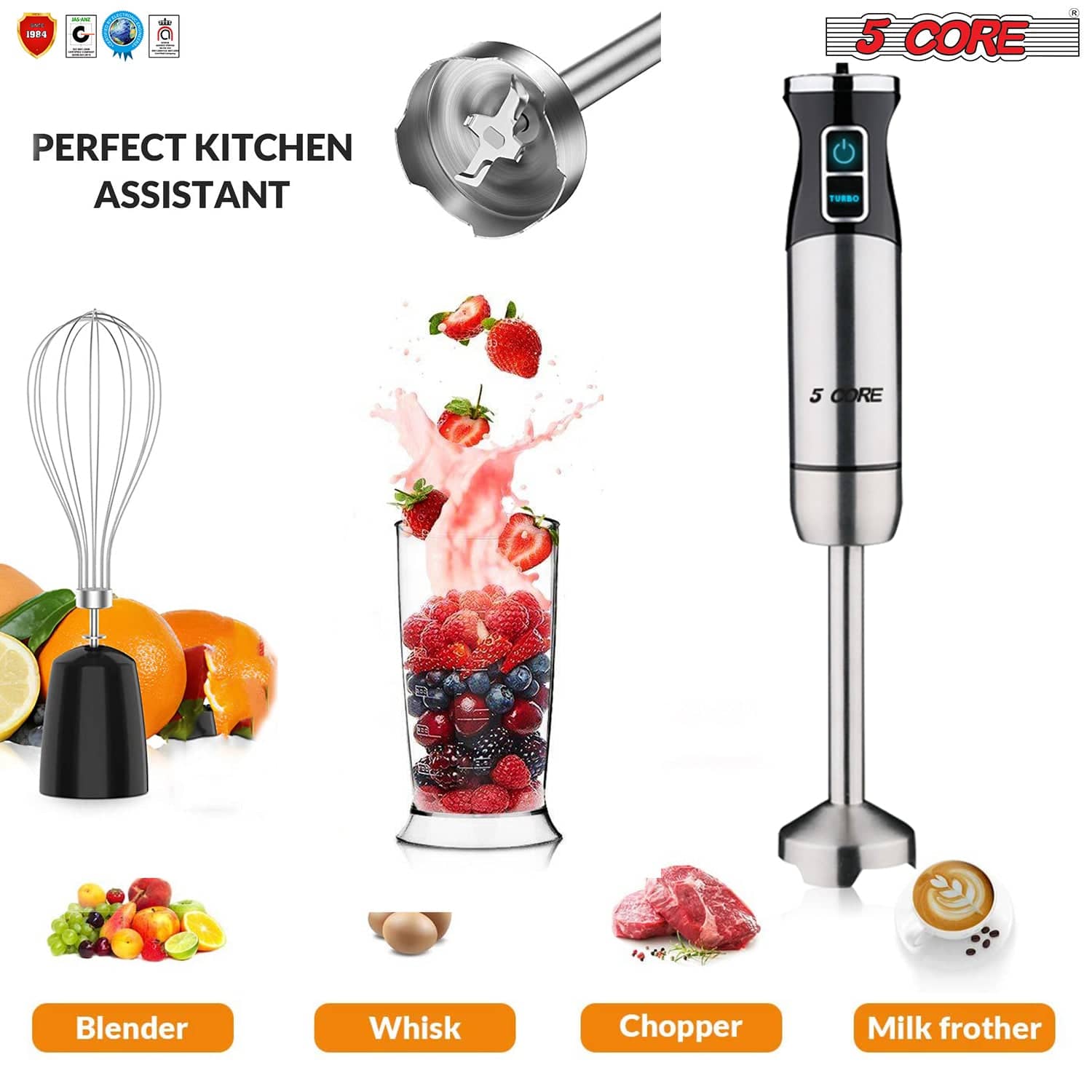 5 Core Immersion Hand Blender 5-In-1 500W Handheld 8 Variable Powerful