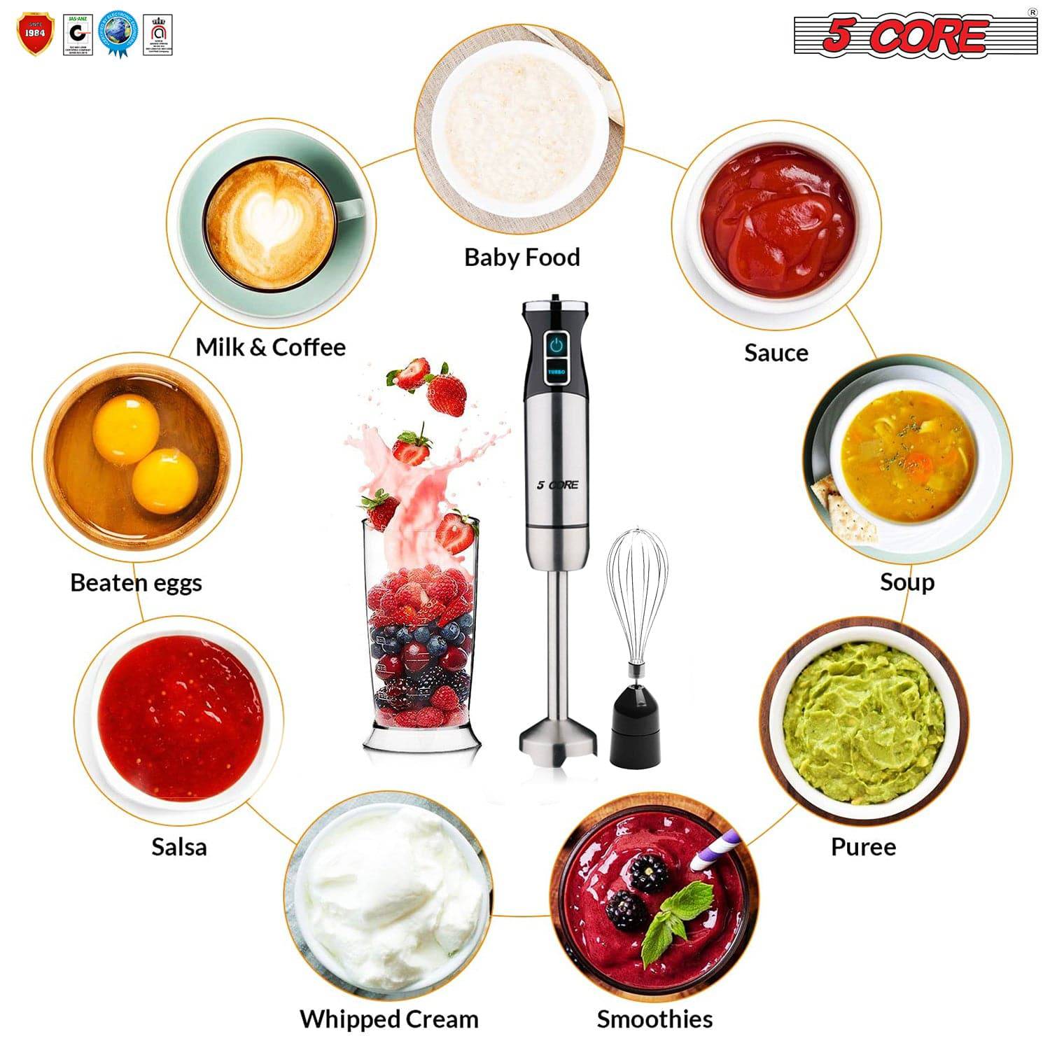 5 Core Immersion Hand Blender 5-In-1 500W Handheld 8 Variable Powerful