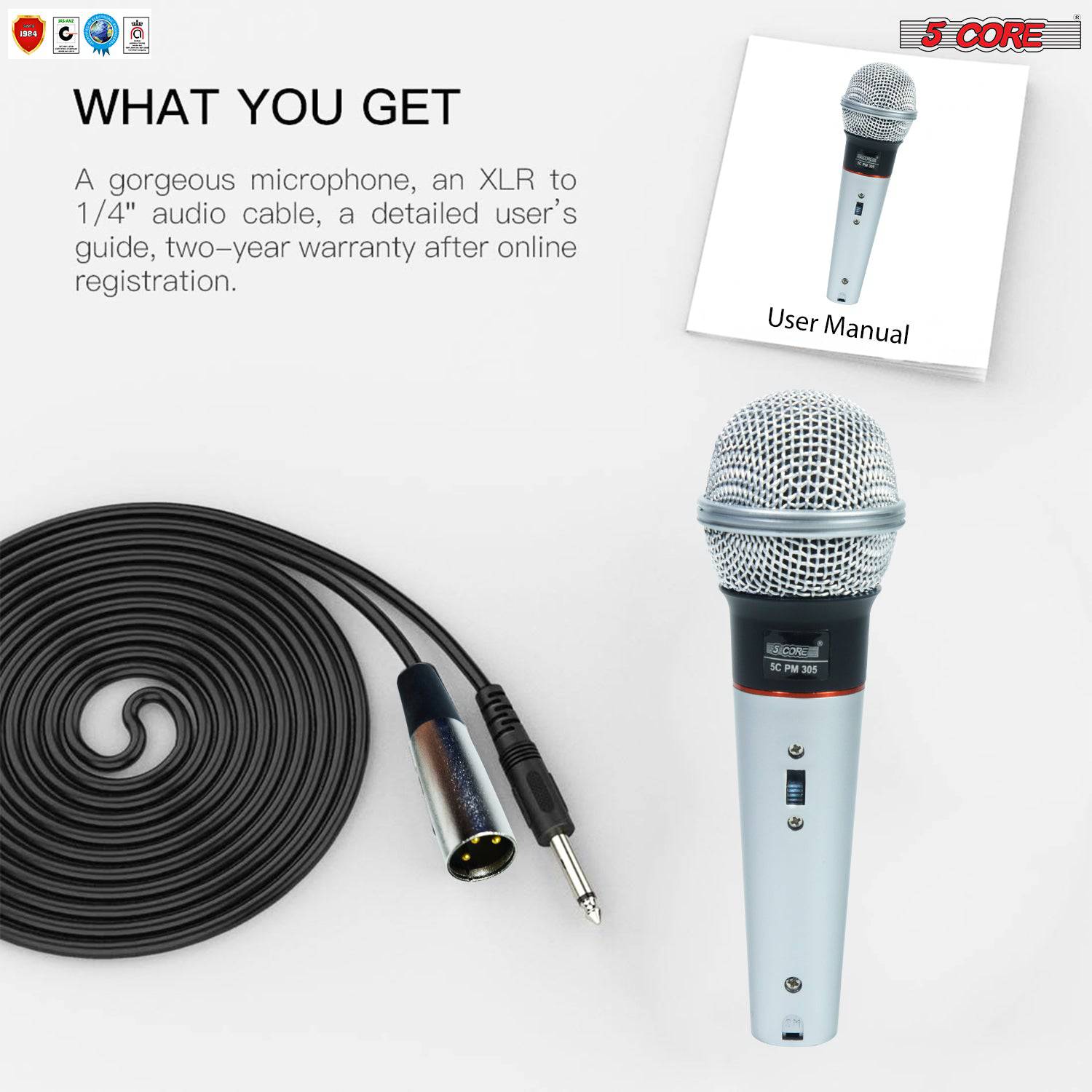 5 CORE Premium Vocal Dynamic Cardioid Handheld Microphone, White (PM 305)