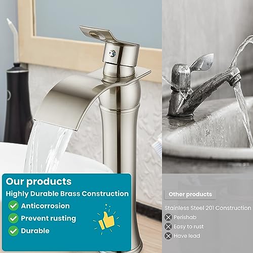 gotonovo Waterfall Vessel Sink Faucet for Sink 1 Hole,Single Handle Tall Bathroom Sink Faucet,Brass Waterfall Bathroom Faucet Arc Body Mixer Tap with Pop Up Drain and Supply Line,Brushed Nickel