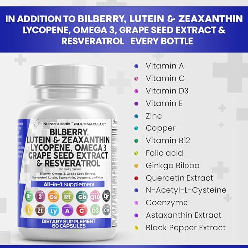 Eye Health Vitamins with Bilberry 6000mg Lutein & Zeaxanthin 40mg Lycopene 40mg Resveratrol 3000mg Grape Seed Extract 6000mg Omega 3 4000mg Astaxanthin - Eye Vitamin - 60 Capsules