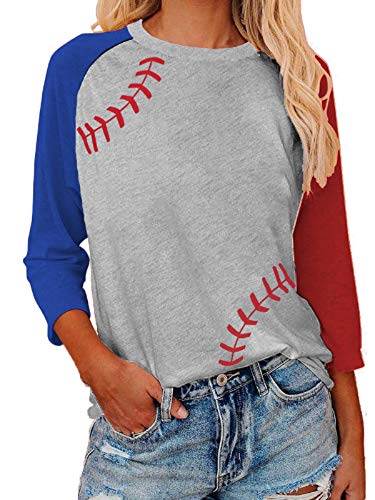 ETATNG Womens 3/4 Sleeve Raglan Shirt July 4th Tops Crewneck Patchwork Heart USA Flag Star Patriotic T-Shirt Red M