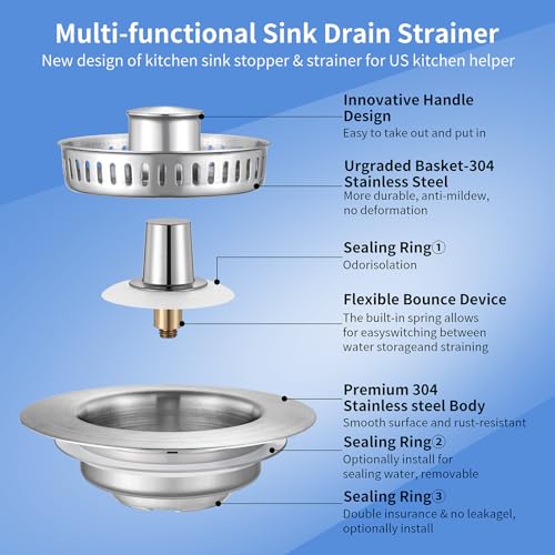 Upgraded 3 in 1 Kitchen Sink Drain Strainer - Stainless Steel Sink Stopper, Anti-Clogging Sink Food Catcher Basket, Fast Drainage Odor Filter Sink Plug for US Standard 3 1/2 inch Drain (Silver-1Pack)