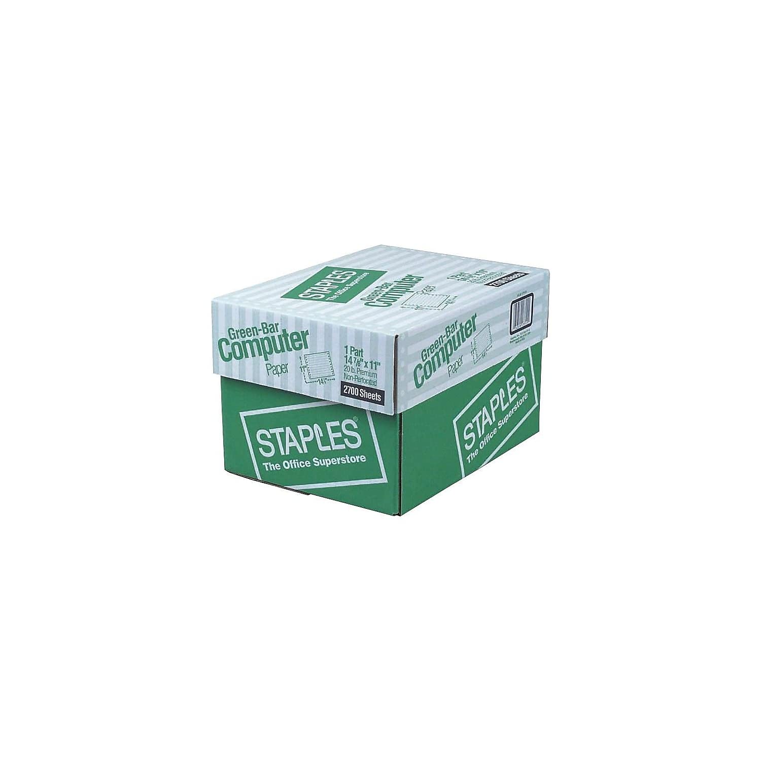 Staples Green Bar Computer Paper, 14 7/8" x 11", 20lb, 2,700/Box (27127/177113)