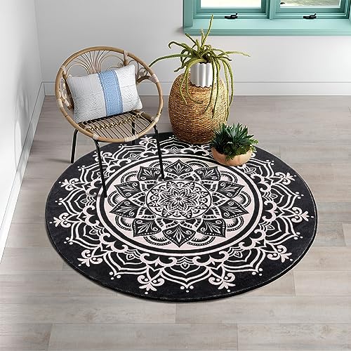 Carvapet 2' Small Round Area Rug Chic Boho Mandala Print Circle Rugs Non Slip Machine Washable Floor Mat Soft Throw Rug for Powder Room Entryway Bathroom Nursery Bedside Floor Decor Black Ivory