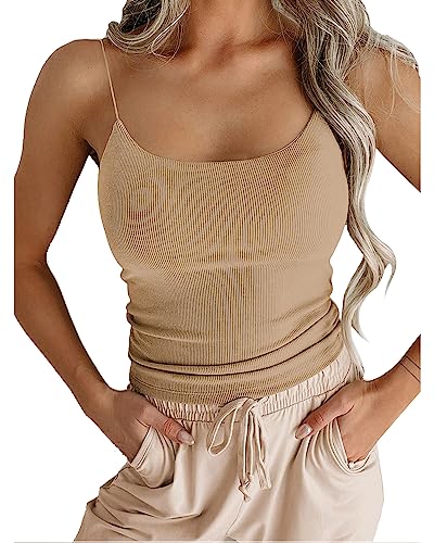 zhaistar Women's Ribbed Spaghetti Strap Tank Tops Sexy Cami Crop Top Casual Summer Apricot S