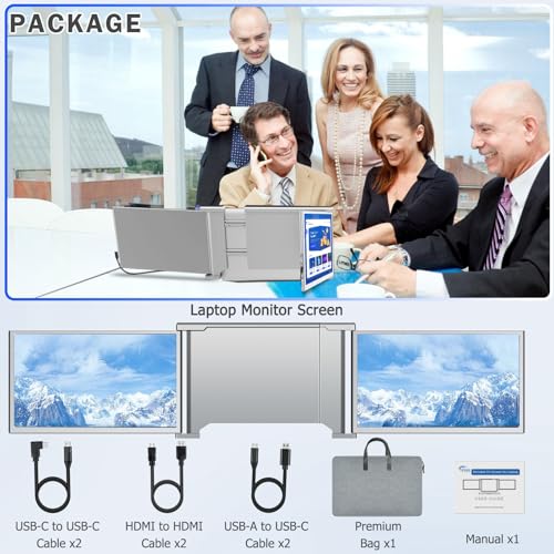 FHH Laptop Screen Extender, 14" FHD 1080P Triple Monitor for Laptop Extension- 315°Rotate Portable Dual Monitor Screen for 13.3"-16.5" Laptops Type-C/HDMI/USB-A Plug & Play for Wins/Mac/Chro