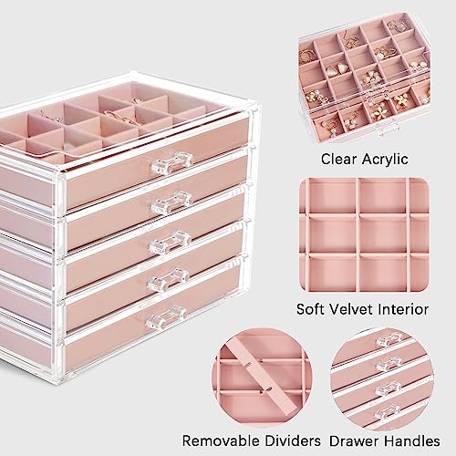 KAMIER Earring Jewelry Organizer with 20 Pcs Portable Jewelry Bag, Clear Acrylic Jewelry Organizer Box for Women with 5 Drawers for Earrings Ring Bracelet Necklace