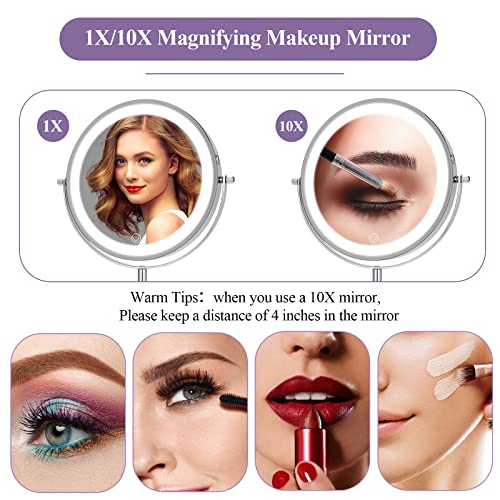 FFowcye 8" Lighted Makeup Mirror with Adjustable Height, 1X/10X Magnification, Rechargeable LED Vanity Mirror with 3 Color Modes, 360° Rotating Touch Screen, Magnifying Tabletop Cosmetic Mirror