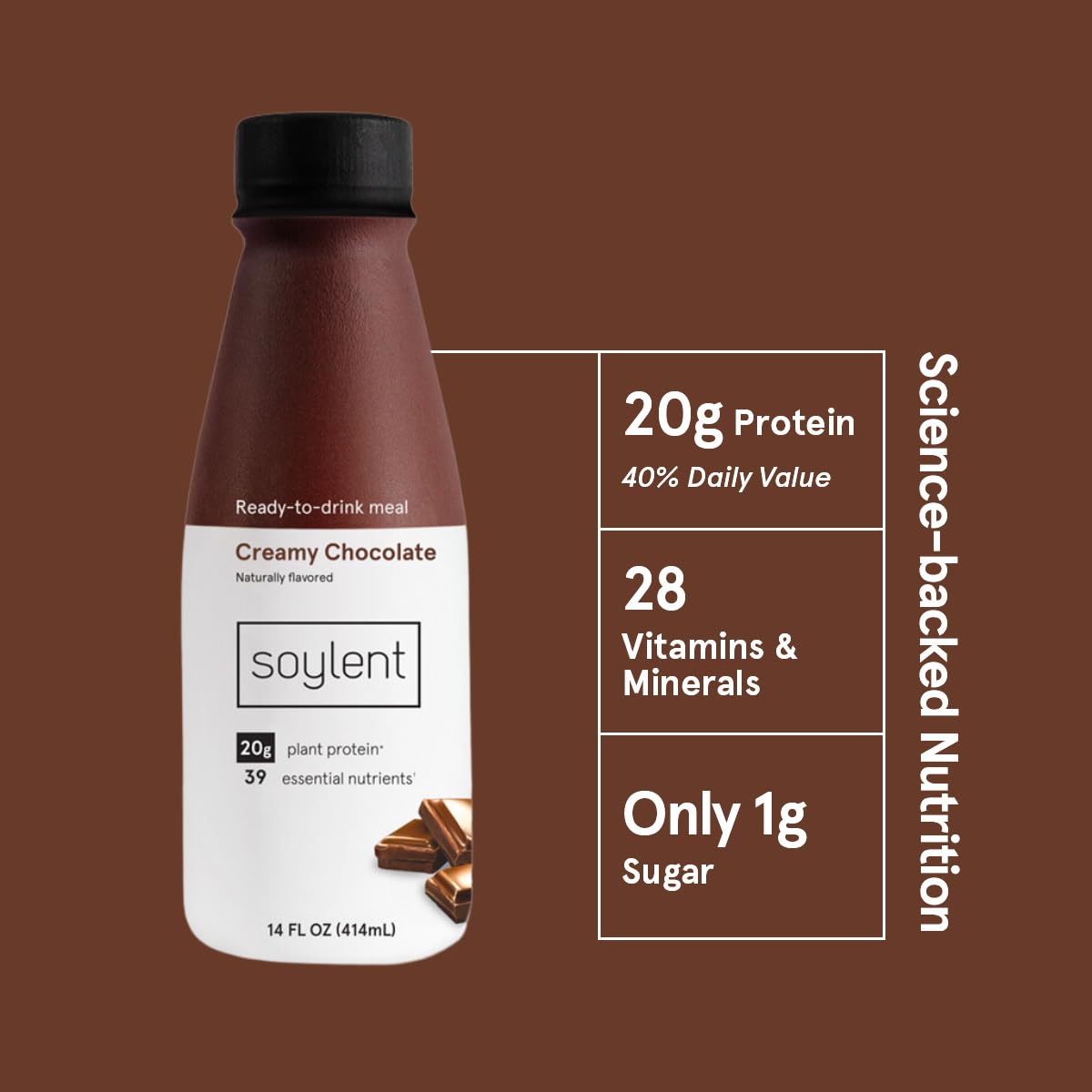 Soylent Creamy Chocolate Meal Replacement Shake, Ready-to-Drink Plant Based Protein Drink, Contains 20g Complete Vegan Protein and 1g Sugar, 14oz, 12 Pack