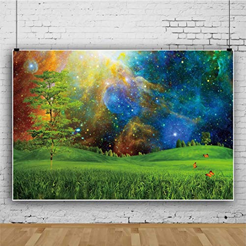 Enchanted Forest Backdrop 5x3ft Dreamy Nebula Galaxy Starry Sky Spring Green Grassland Meadow Butterfly Nature Scenery Photo Background Party Decor Kids Girls Boys Adults Portrait Studio Props