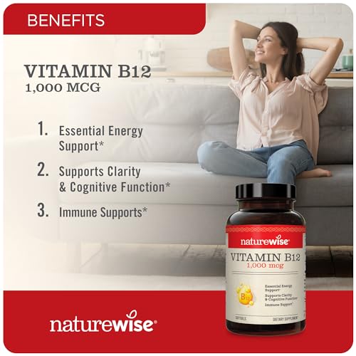 NatureWise Vitamin B12 1000 mcg - Supplement for Supporting Energy Levels, Mental Clarity, Nervous System Health - Easy-to-Swallow, Soy and Gluten-Free, Non-GMO - 60 Softgels[2-Month Supply]