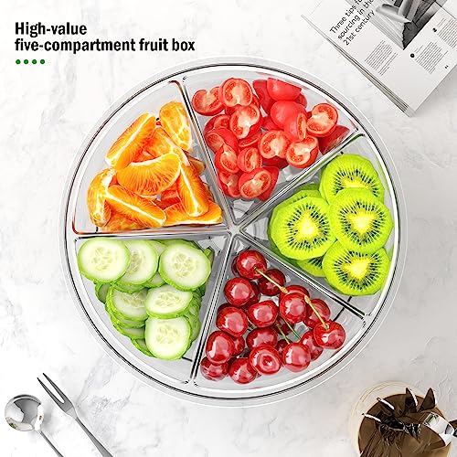 caktraie Condiment Tray [with 360° Rotating Tray Turntable] Stainless Steel 5 Spoons, 5 Forks and 1 Clip, Bar Ice Fruit Holder, Condiment Server, Compartment Tray with Lid