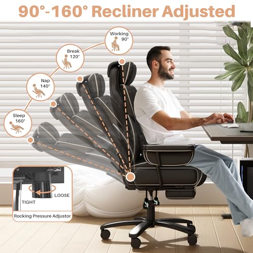 GXJ Big and Tall Office Chair 400lbs Wide Seat, Comfy Reclining Office Chair with Footrest, High Back Executive Office Chair with Removable Lumbar Support, Home Office Computer Desk Chair