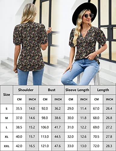 LOMON Summer T-Shirts for Women Puff Short Sleeve Tunics Tops Smocked V Neck Floral Blouse(Pink+Floral,L)