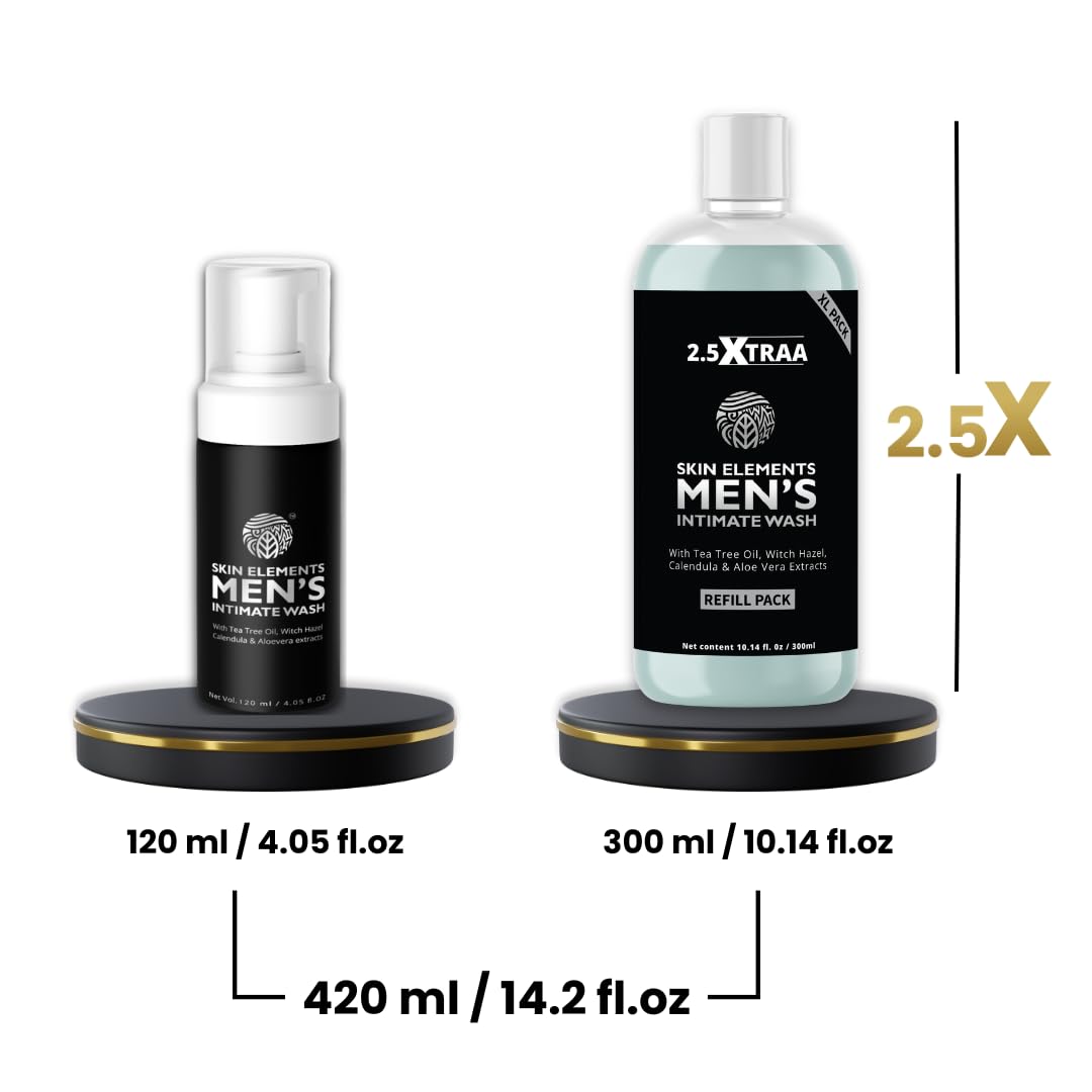 Skin Elements Men's Intimate Wash JUMBO Pack | with Refill | For 180 Days | 14.2 fl. oz | pH Balanced Hygiene Foaming Wash | Prevents Bad Odor | with Tea Tree Oil | Genital Wash | Super Saver Pack |
