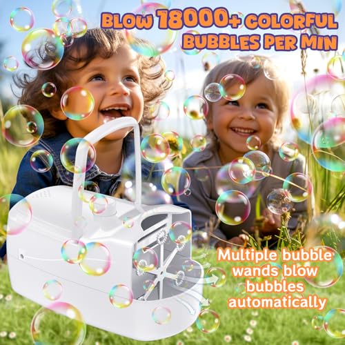 Bubble Machine,18000+ Big Bubbles/Min Automatic Bubble Blower for Kids with 2 Speeds,6 Wands,Operated by Plugin or Batteries Bubble Maker for Outdoor/Indoor Birthday Parties,Wedding (White)