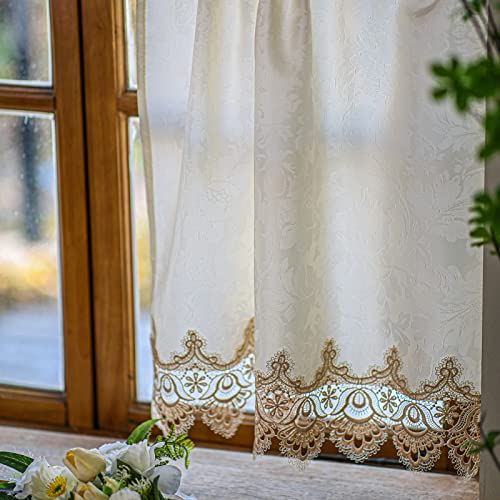 SUTAVIA Classical Lace Kitchen Curtain Set 2 Panels for Window Farmhouse Cafe Curtains Beige Fabric with Champagne Lace Rod Pocket Window Treatment Country for Kitchen Bedroom Living Room Bathroom