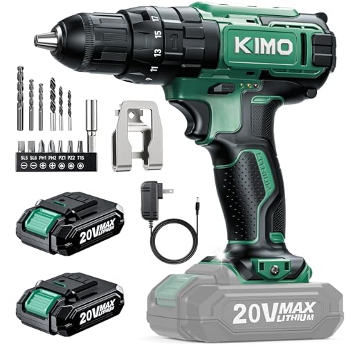 KIMO Hammer Drill - 20V 2X Battery Hammer Drill Cordless Drill Set, 3/8" Keyless Chuck, 350 In-lb Torque, 1350 RPM, 21+3 Position,14pcs Drill/Driver Bits, Power Drill Drivers for Brick Wall Concrete